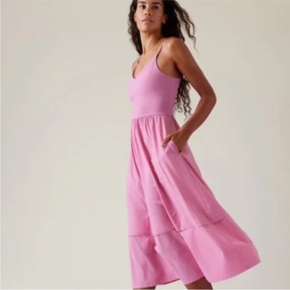Athleta Pink Elation V Neck Hybrid Tiered Athletic Midi Dress Small - Picture 2 of 11